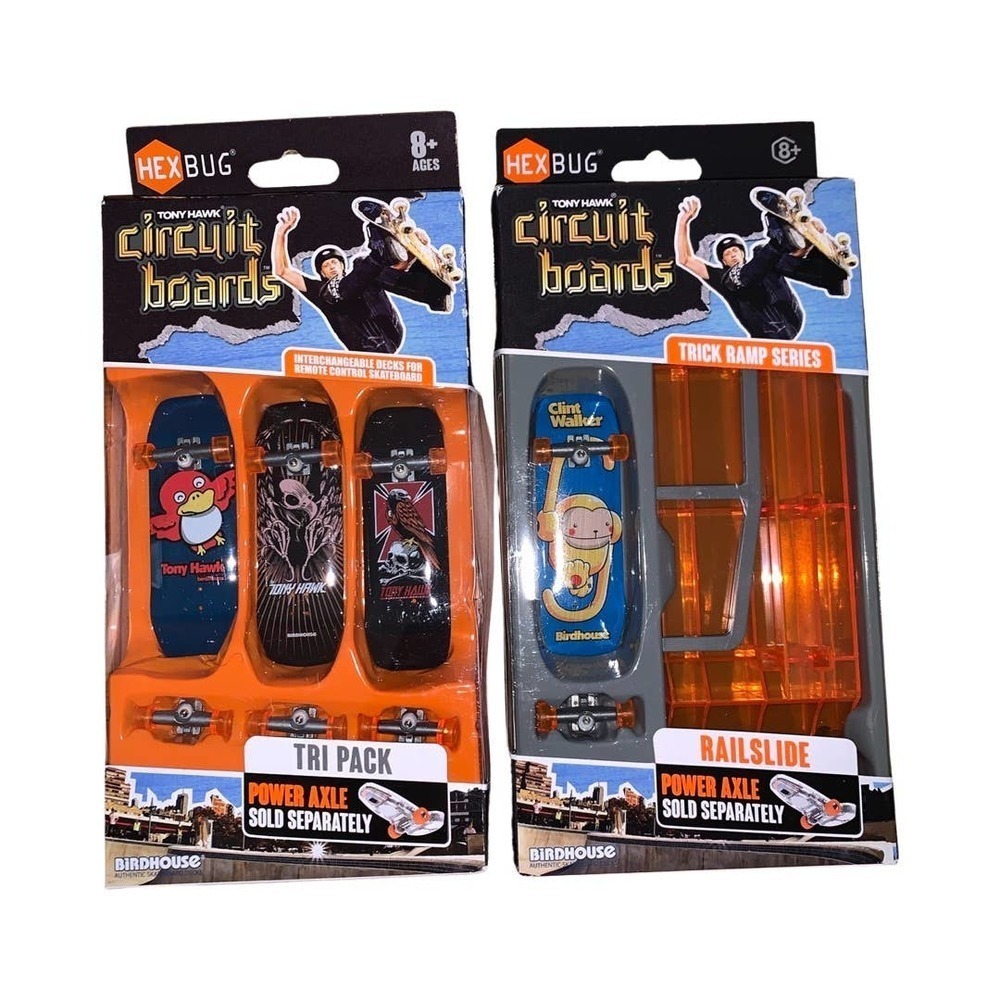 Hexbug Tony Hawk Railslide and 4 skateboard decks
